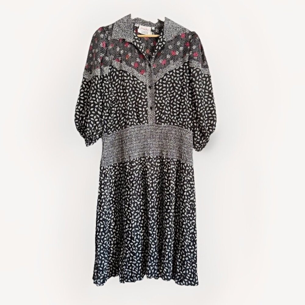 Vintage Susan Freis Women’s Large Smocked Waist Dress Mixed Print Puff Sleeve